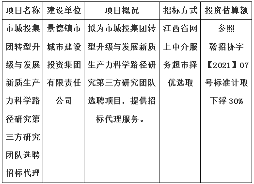 市城投集團轉型升級與發(fā)展新質生産力科學(xué)路徑研究第三方研究團隊選聘招标代理計劃公告