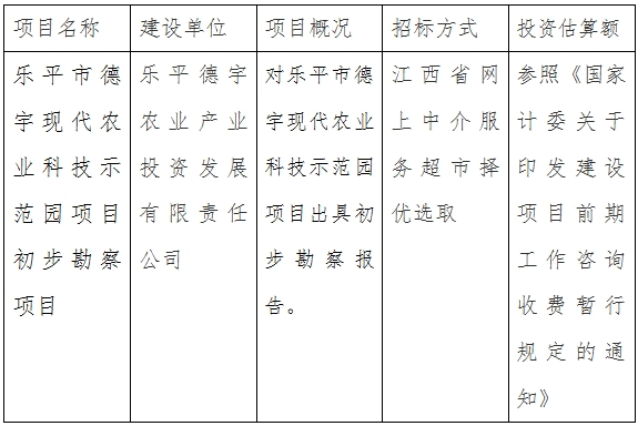 樂平德宇公司現代農業科技示範園項目初步勘察項目計劃公告